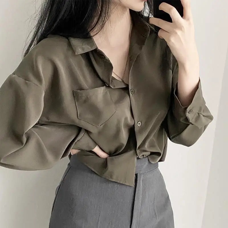 Simple Single Breasted Loose Long Sleeve Shirt Blouse Casual Elegant Solid Color Short Top