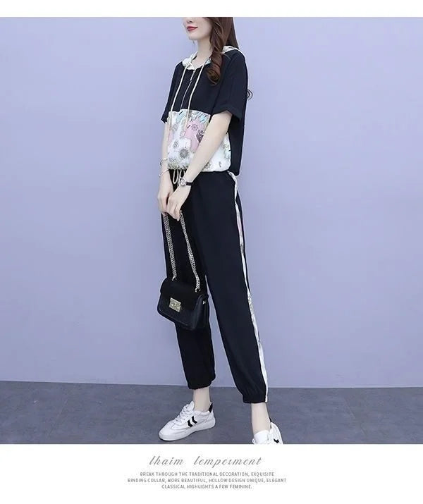 Women's Casual Two Piece Set with Hooded T-Shirt and Contrast Printed Pants for Spring and Summer Fashion