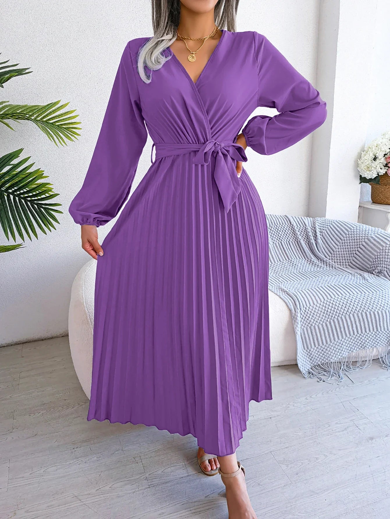 Elegant Surplice Neck Pleated Maxi Dress With Belt Flair