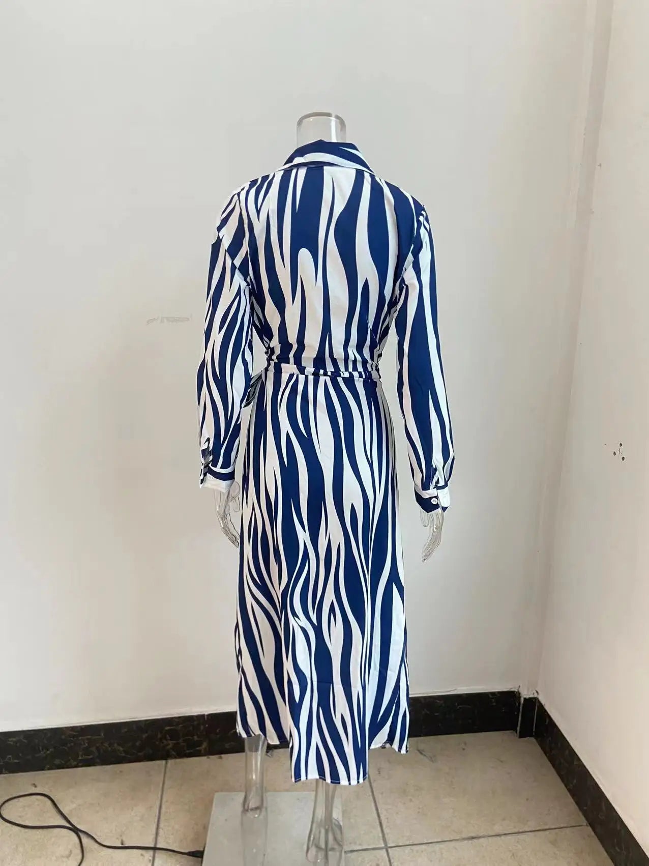 Printed Striped Shirt Collar Midi Dress For Women Everyday