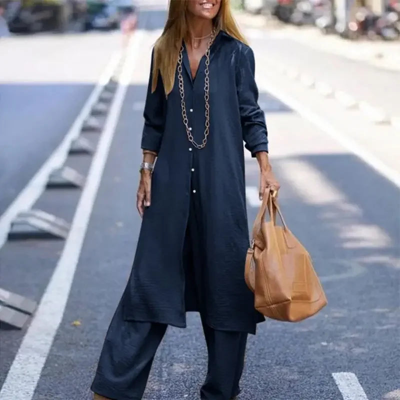 Elegant Women's Long Robe and Wide Leg Pants Two-Piece Set in Solid Color