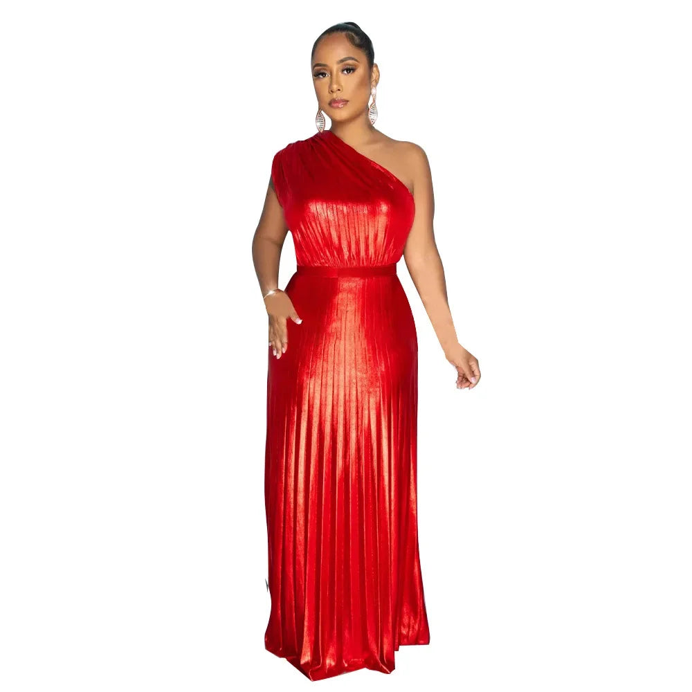 One Shoulder Metallic Pleated Maxi Dress Evening Gown