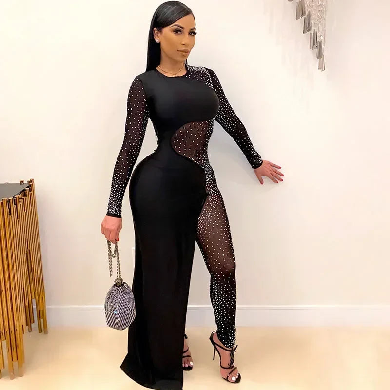 Elegant Rhinestone Long Sleeve Sheer Mesh Patchwork Skinny Jumpsuit Women's Luxury Night Party Club Romper Overalls Birthday Outfit