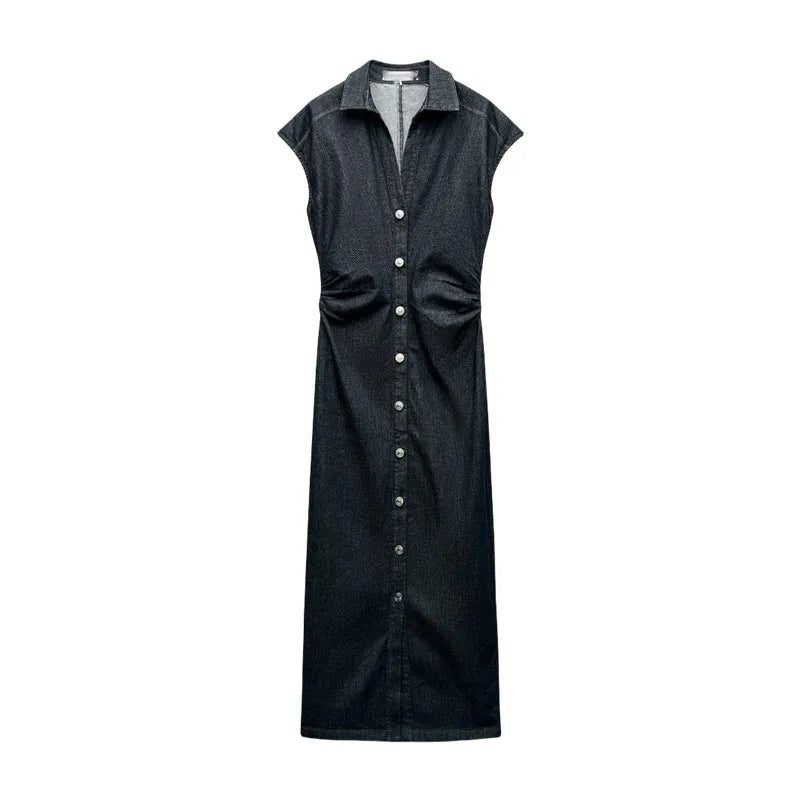 Fitted Denim Midi Shirt Dress With V Neck Long Sleeve