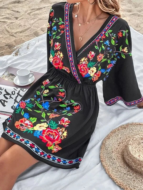 Bohemian Dress With V Neck And Tie Waist Beach Vacation