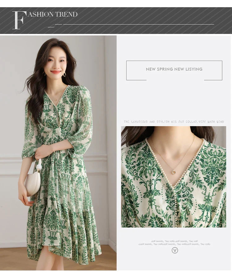 Floral Chiffon Dress For Women V Neck A Line Dress