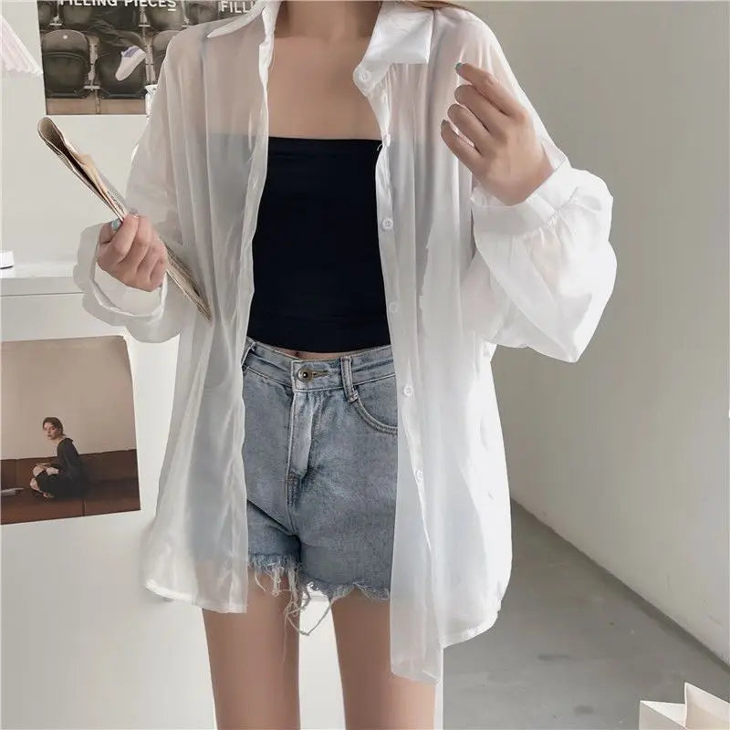 Women's Lightweight Sheer Chiffon Sunscreen Blouse Loose Fit Breathable Summer Shirt All Match Sun Protection Top