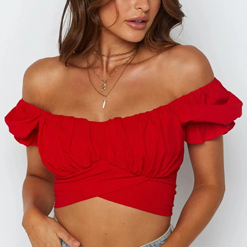 Women's Butterfly Tie One Shoulder Monochromatic Top with Sweet Back Tie and Short Sleeves