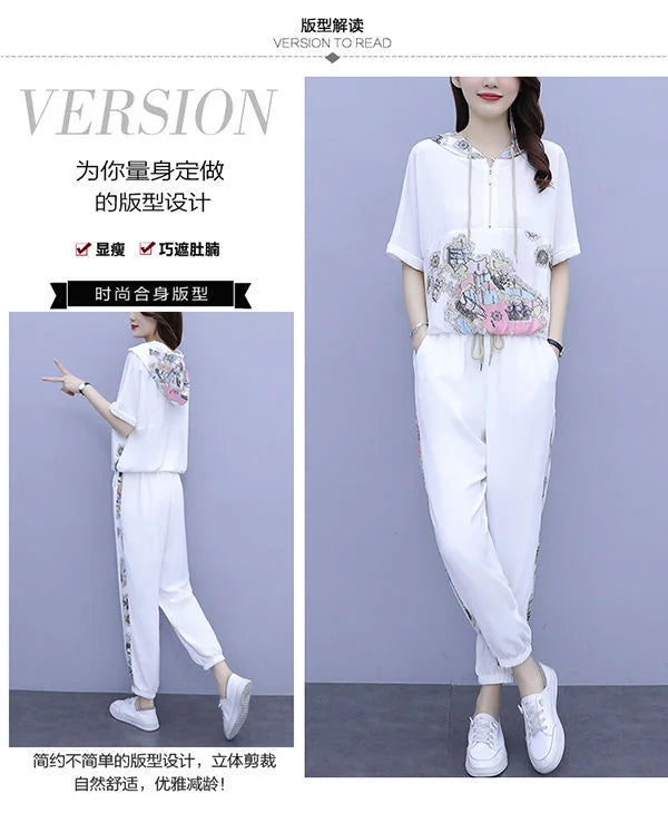 Women's Casual Two Piece Set with Hooded T-Shirt and Contrast Printed Pants for Spring and Summer Fashion