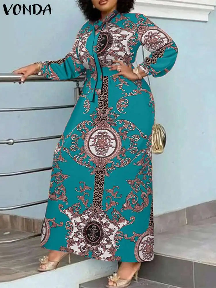 Bohemian Maxi Dress Belted Sundress For Party Long Sleeve