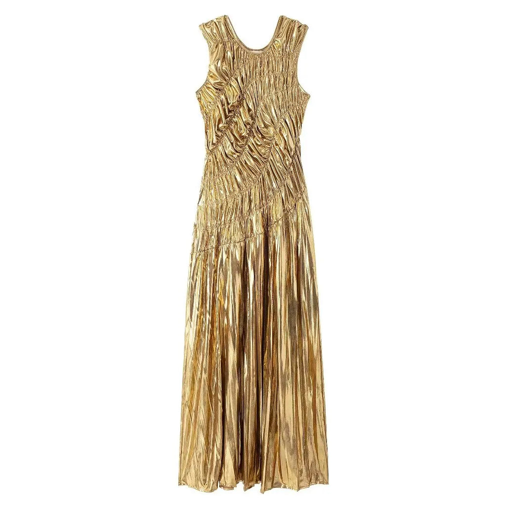 Gold Pleated Sleeveless Dress Slim Fit For Women Elegant