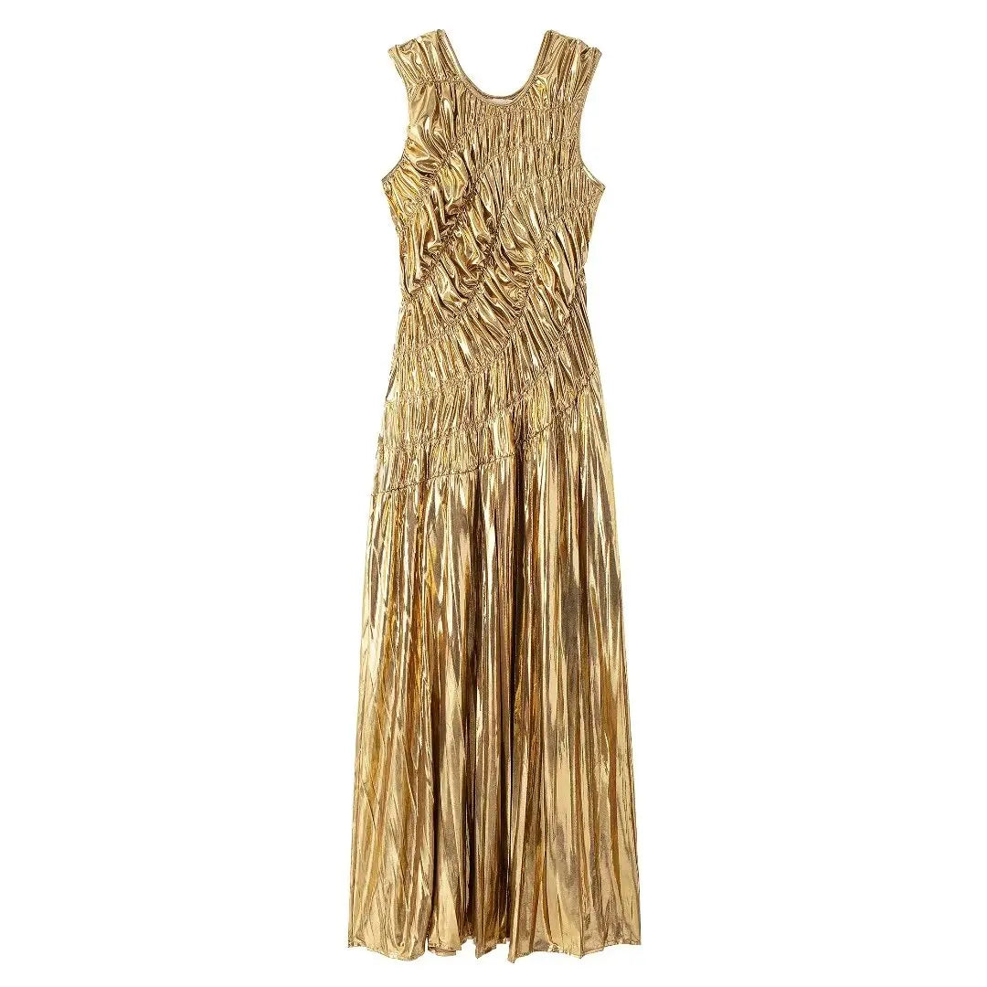 Gold Pleated Sleeveless Dress Slim Fit For Women Elegant