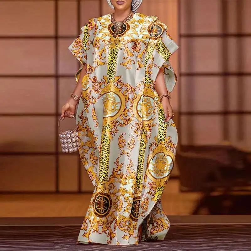 Satin Patchwork Maxi Dress Bat Wing Sleeve Elegant Dress