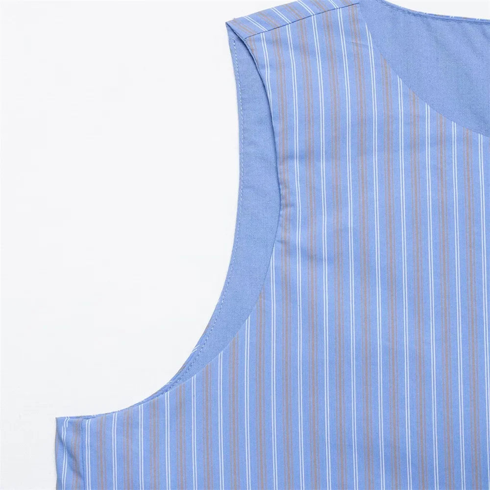 Womens Light Blue Pinstripe Suit Set with Sleeveless Asymmetric Vest and Wide Leg Pants for Stylish Office Attire