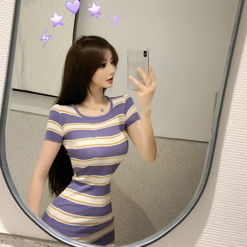 Striped Knit Dress Wrapped Short Hip With Front Slit