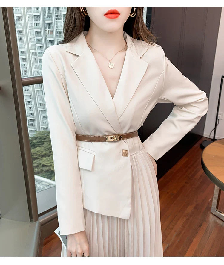 Faux Two Piece Dress With Blazer Collar Pleated Skirt