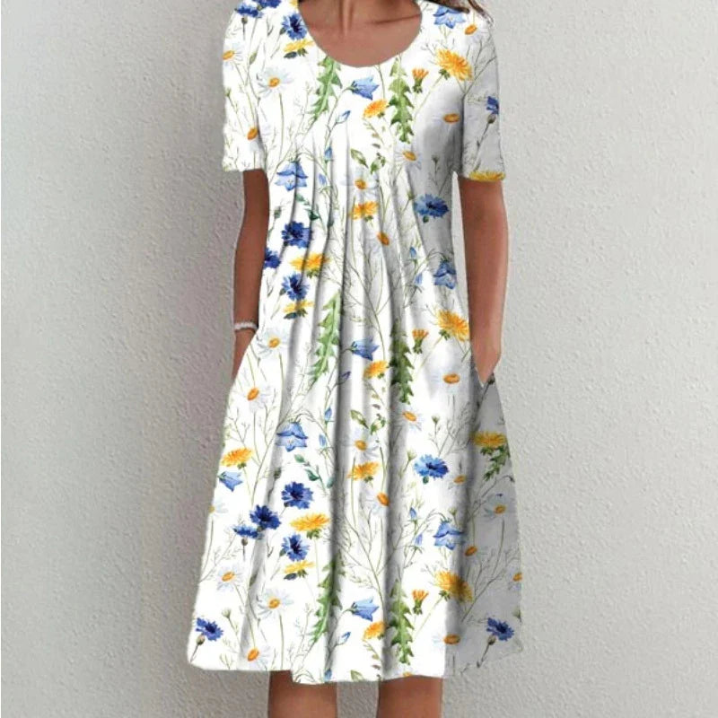 Elegant Swing Dress Round Neck Short Sleeve Printed