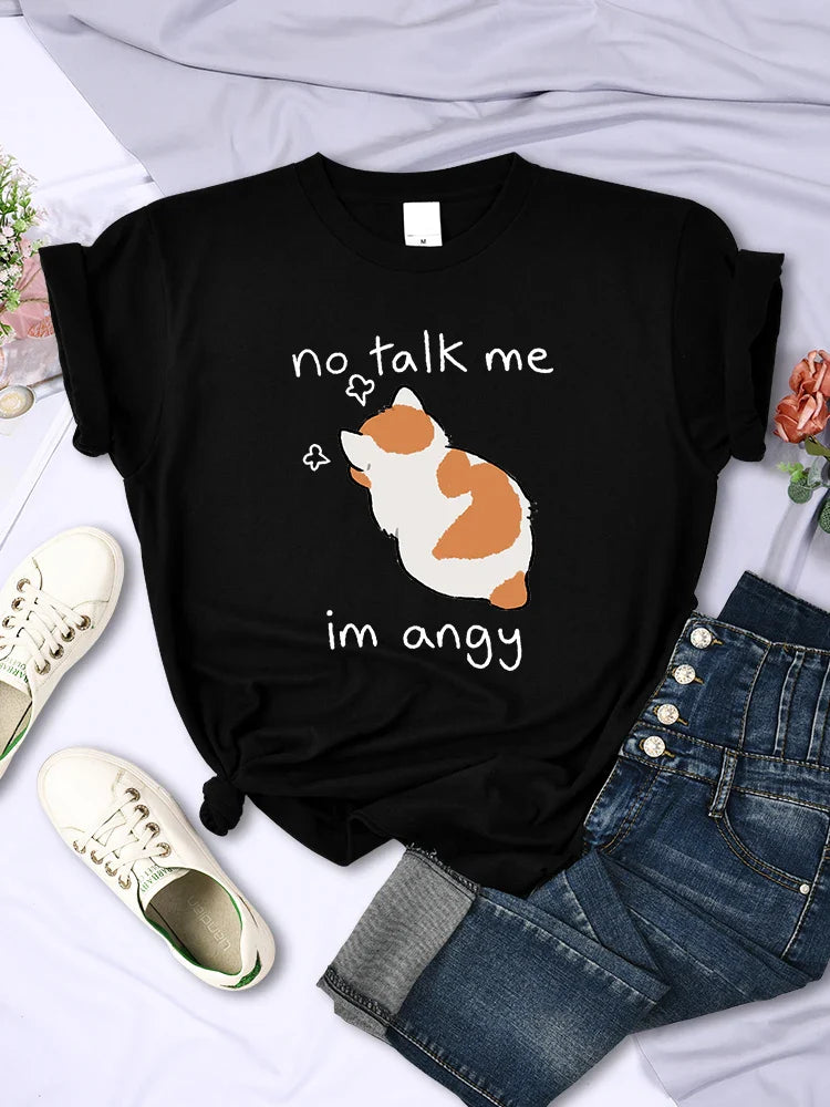 Cute Angry Cat Print T Shirt for Women Comfortable Summer Tee Breathable Hip Hop Style Short Sleeve Top