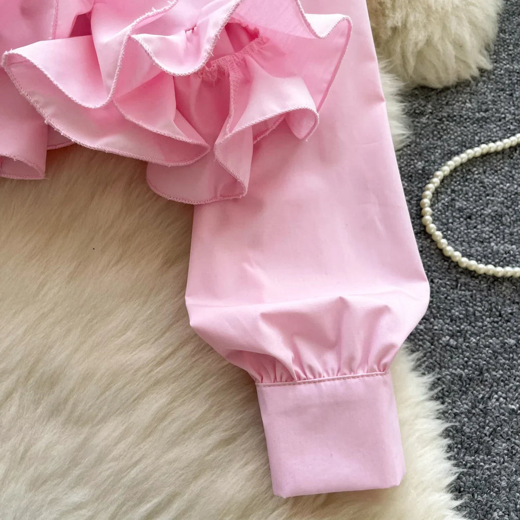 Women's 3D Floral Long Sleeve Blouse Single Breasted Turn-Down Collar Slim Fit Solid Color Shirt