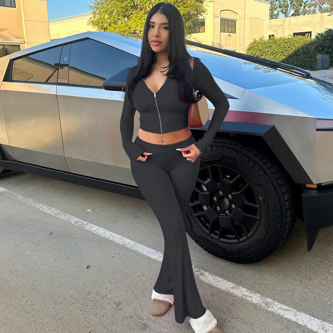 Solid Casual Sports 2 Piece Hoodie and Flare Pants Set for Women in Autumn and Winter Streetwear