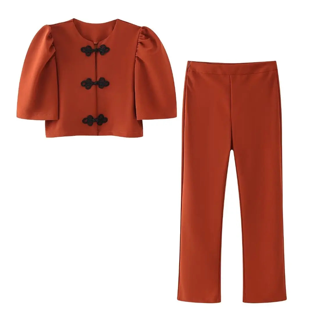 Women's Summer 2-Piece Set Solid Color Puff Sleeve Shirt and Zipper Mid-Rise Street Pants