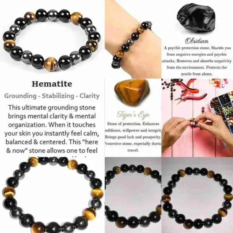 Magnetic Hematite Tiger Eye Obsidian Bracelet for Men and Women with Triple Protection and Health Benefits