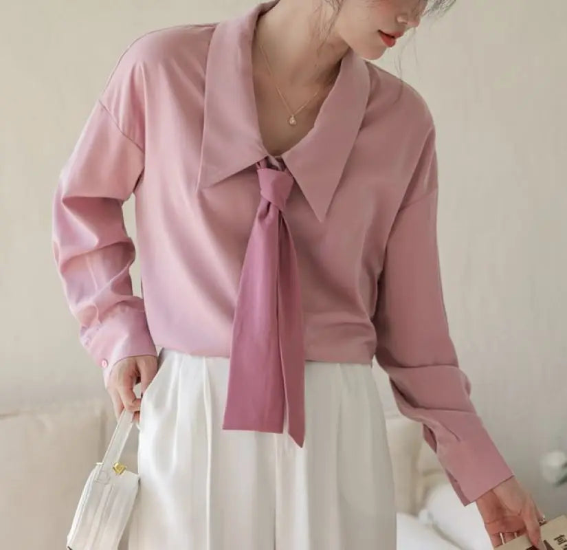 Soft Pink Long Sleeve Women's Shirt Elegant Casual Commuter Top with Gentle Feminine Style