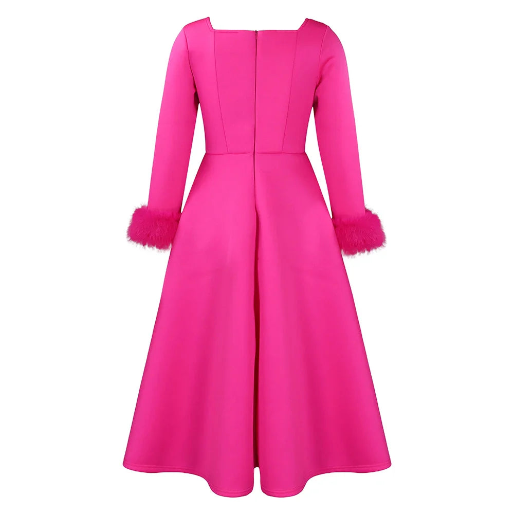 Square Neck Party Dress Women Pleated A Line Mid Calf