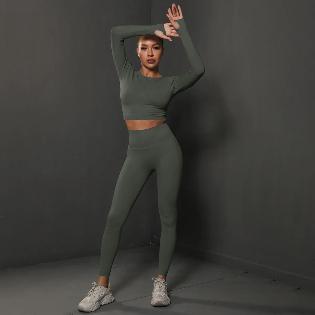 2Pcs Women Seamless Energy Gym Set Bubble Butt Sports Leggings and Long Sleeve Push Up Running Tracksuit Tights Activewear Set