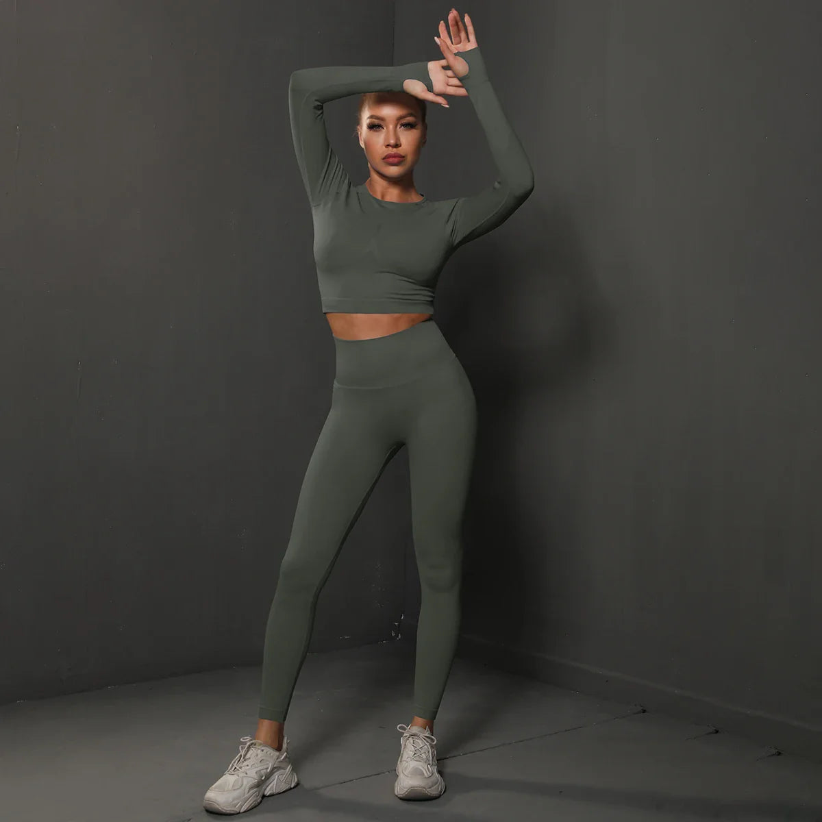 2Pcs Women Seamless Energy Gym Set Bubble Butt Sports Leggings and Long Sleeve Push Up Running Tracksuit Tights Activewear Set