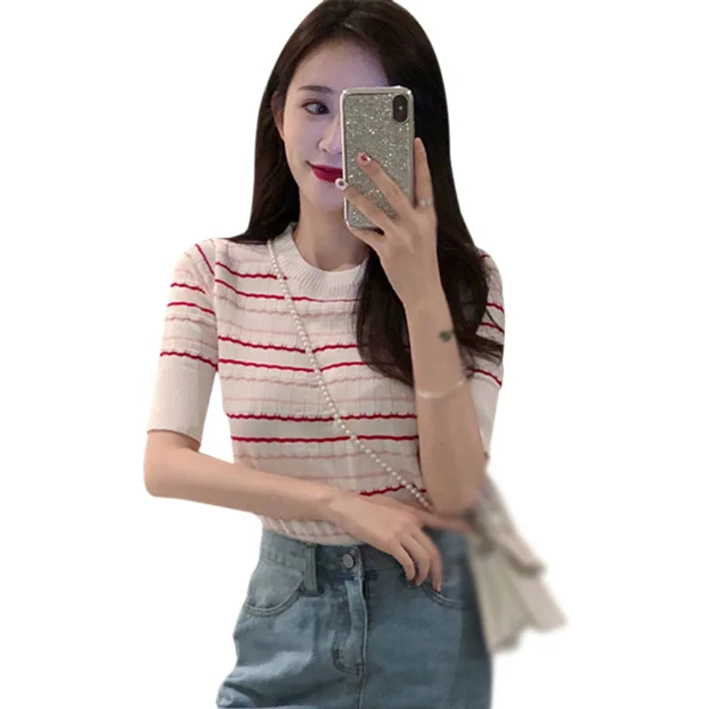 Summer Striped Women's Knitted Crop Top Casual O-Neck Short Sleeve T-Shirt Preppy Style Tees