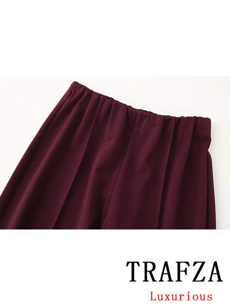 Casual Chic Red Women Elastic Two-Piece Set Long Sleeve Slim O Neck Top with High Waist Wide Leg Pants Stylish Spring Summer Outfit