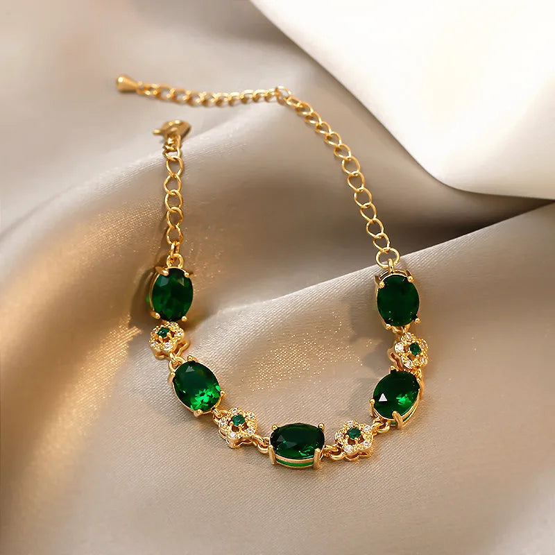 Luxury Green Rhinestone Crystal Bracelet for Women with Gold Color Link Chain - Vintage Geometric Design for Party Wedding or Bridal Jewelry Gifts