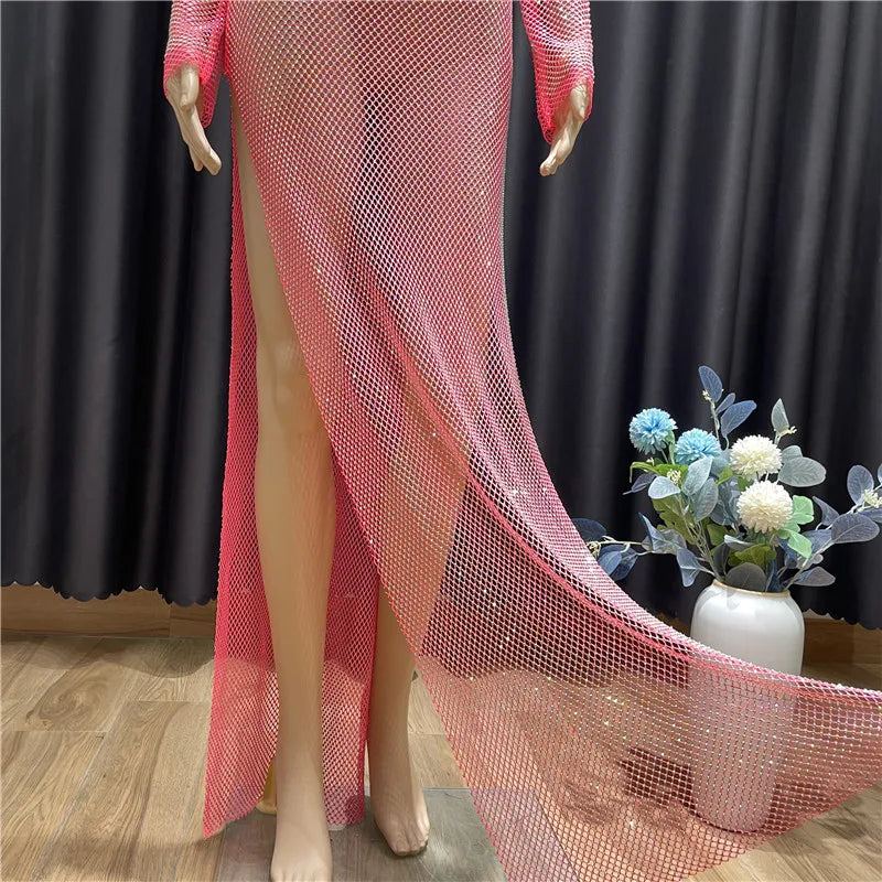 Rhinestone See Through Club Dress With Fishnet Details