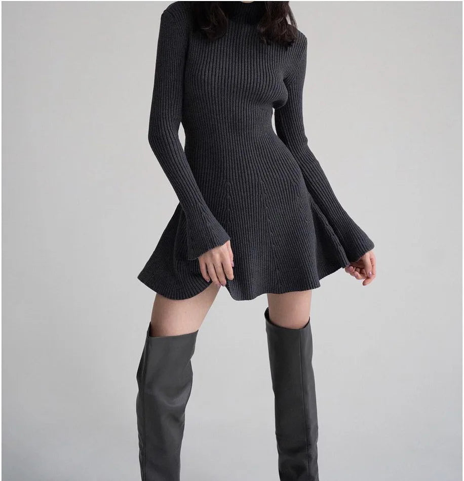 Elegant Women High Neck Knit Dress With Long Sleeve