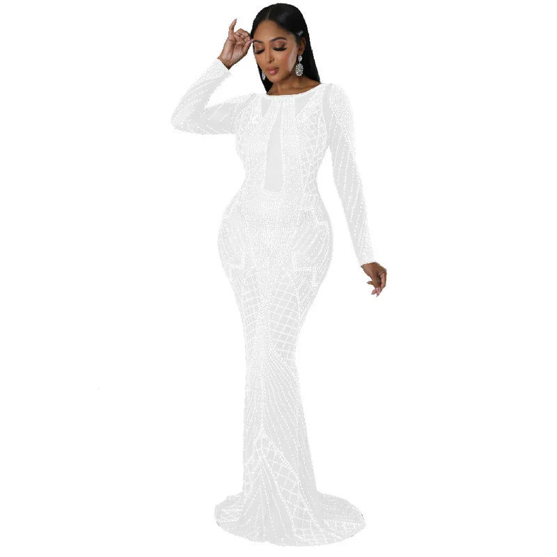 Sexy Mesh Diamond Embellished Maxi Dress for Evening Party