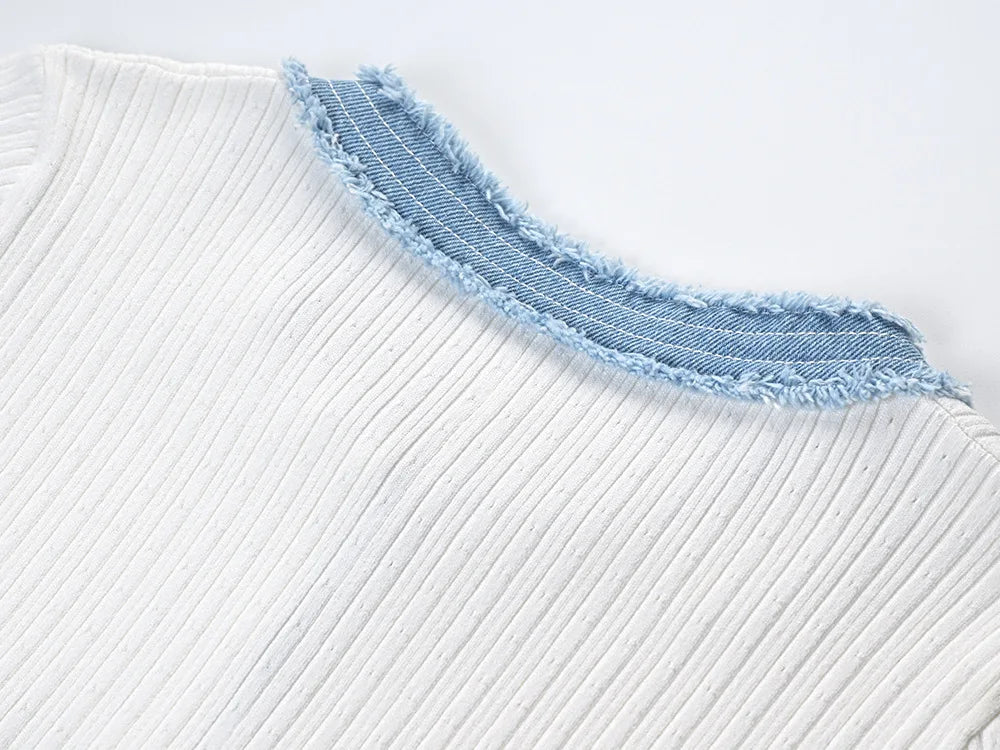 Elegant Denim Patchwork Knitted Long Dress With Pockets