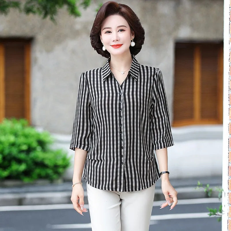Elegant Plaid Print Loose Fit Button Down Shirt for Women with Turn Down Collar and Casual Half Sleeves Versatile Ladies Blouse Top for Everyday Wear