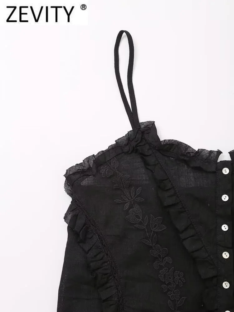 Women's Sexy Lace Floral Embroidery Short Blouse Chic Single Breasted Sling Vest Top