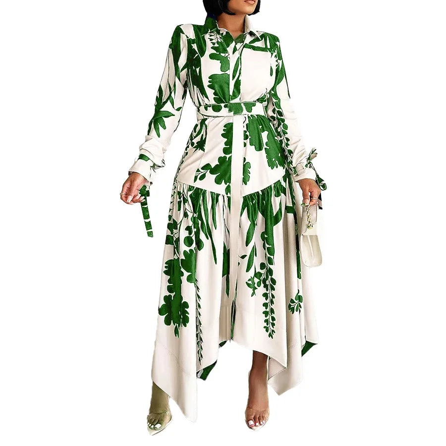 Printed Dress For Women Elegant Turn Collar Ankle Length