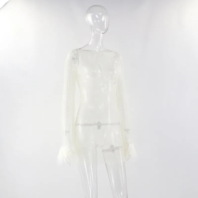 Black Mesh See Through Mini Dress Women Bodycon Clubwear