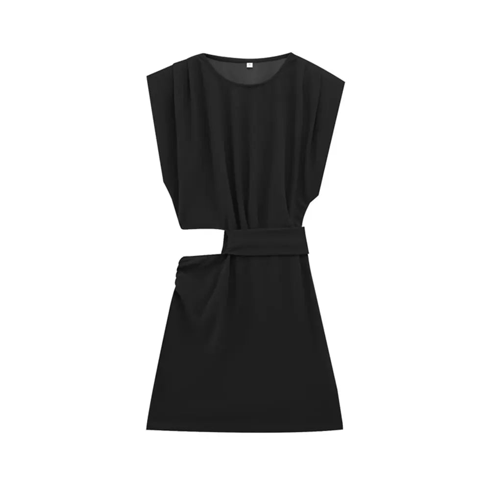 Hollow Out Draped Mini Dress O Neck Sleeveless Women