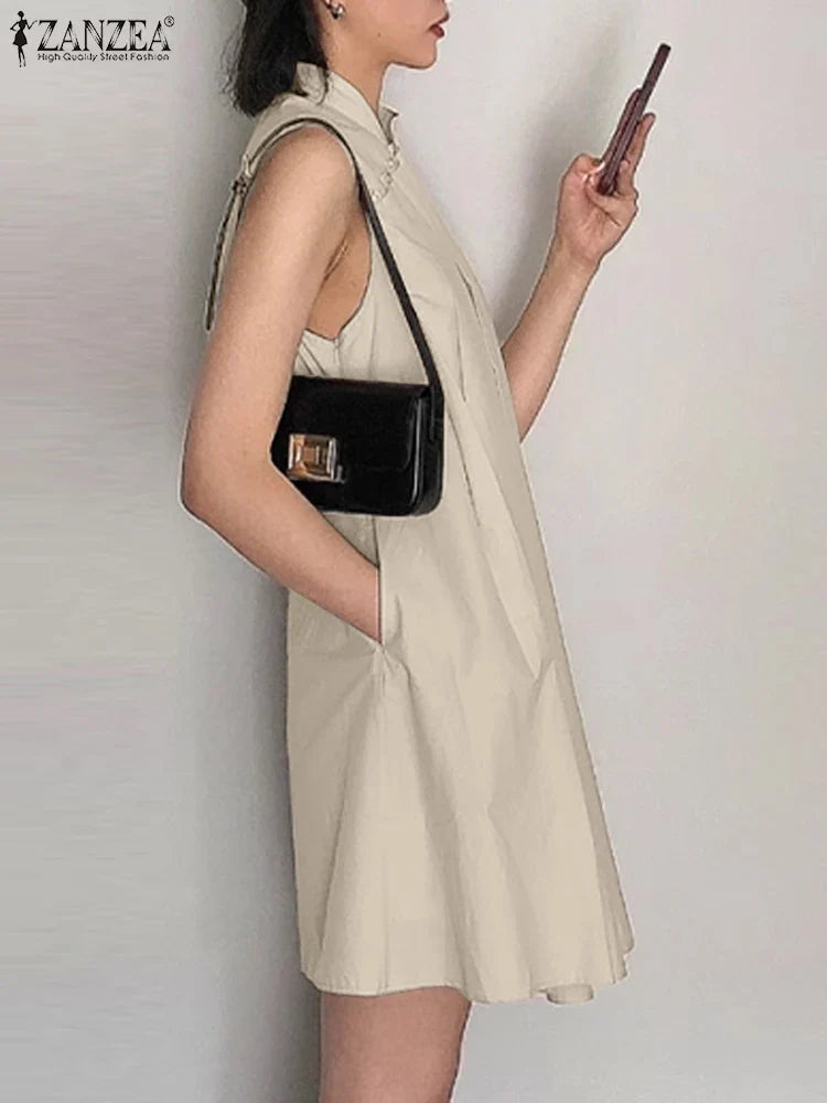 Mandarin Collar Pleated Sundress Women Sleeveless A Line