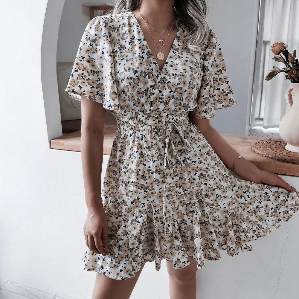 Summer Floral Dress With Bubble Sleeves V Neck A Line