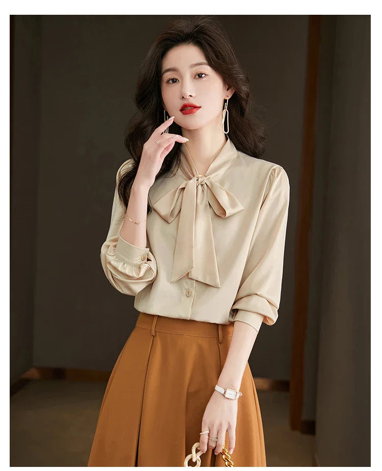 Elegant Women's Long Sleeve Blouse with Bow Collar Casual Loose Fit White Office Shirt Top