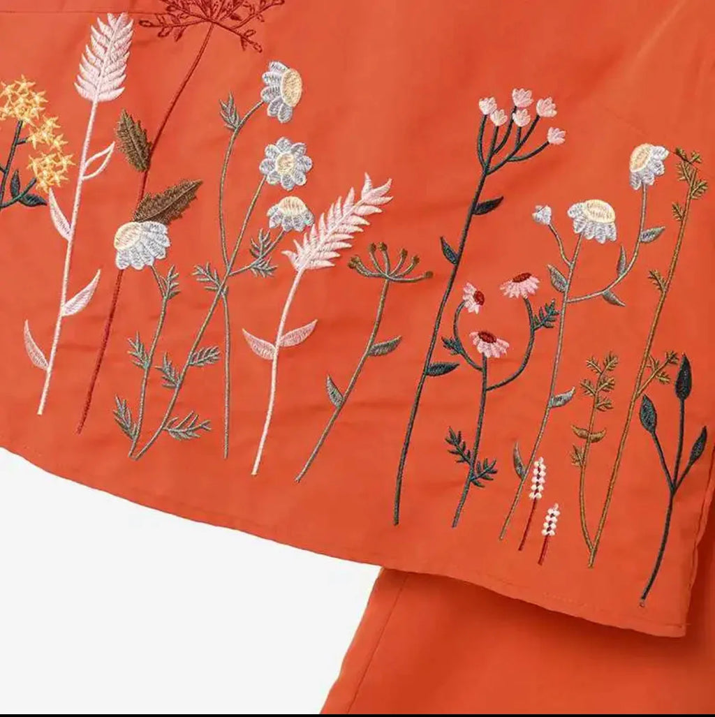 Women's Cotton and Hemp Two Piece Set Loose Elegant Sleeveless Commuter Outfit with Embroidery