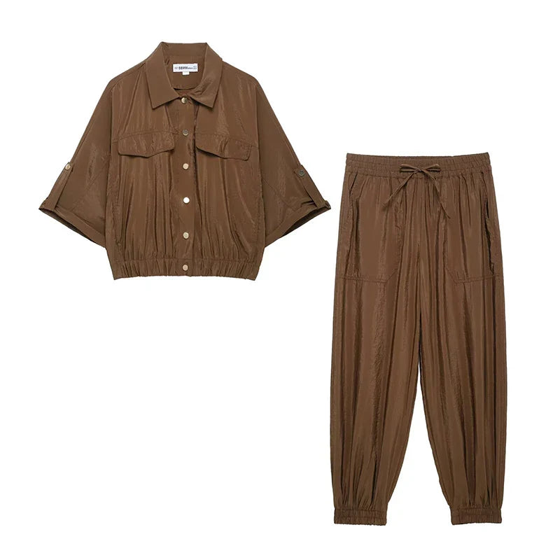 Chic Women's Brown Two Piece Set with Single Breasted Shirt and Vintage Elastic Waist Trousers