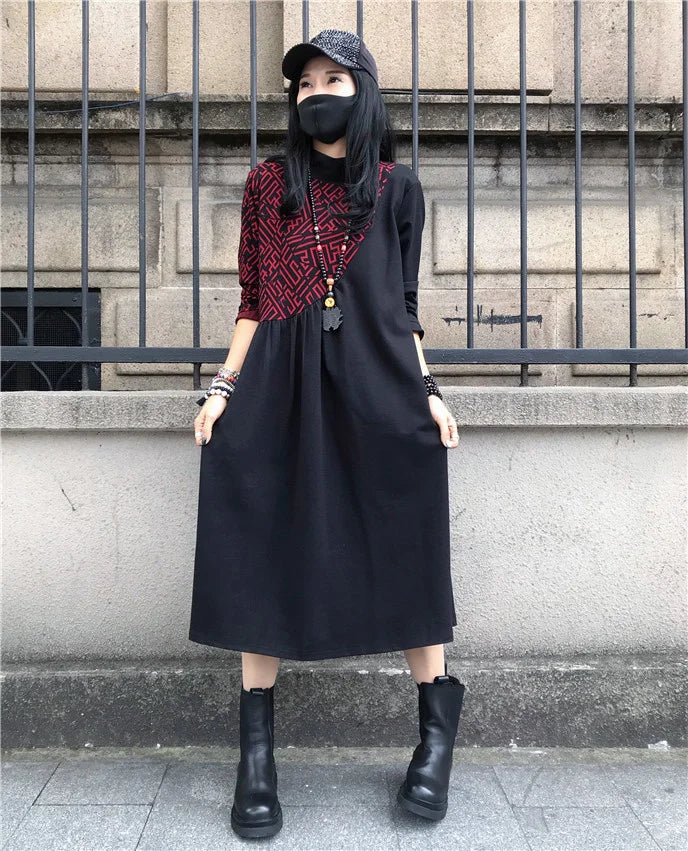 Loose Printed Turtleneck Dress For Women Elegant Casual