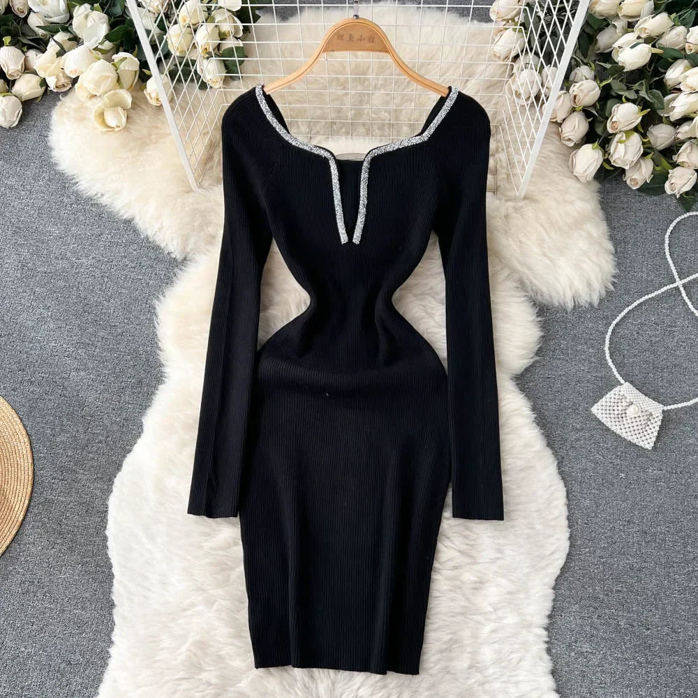 Knit Bodycon Dress For Women Long Sleeve Winter Sweater