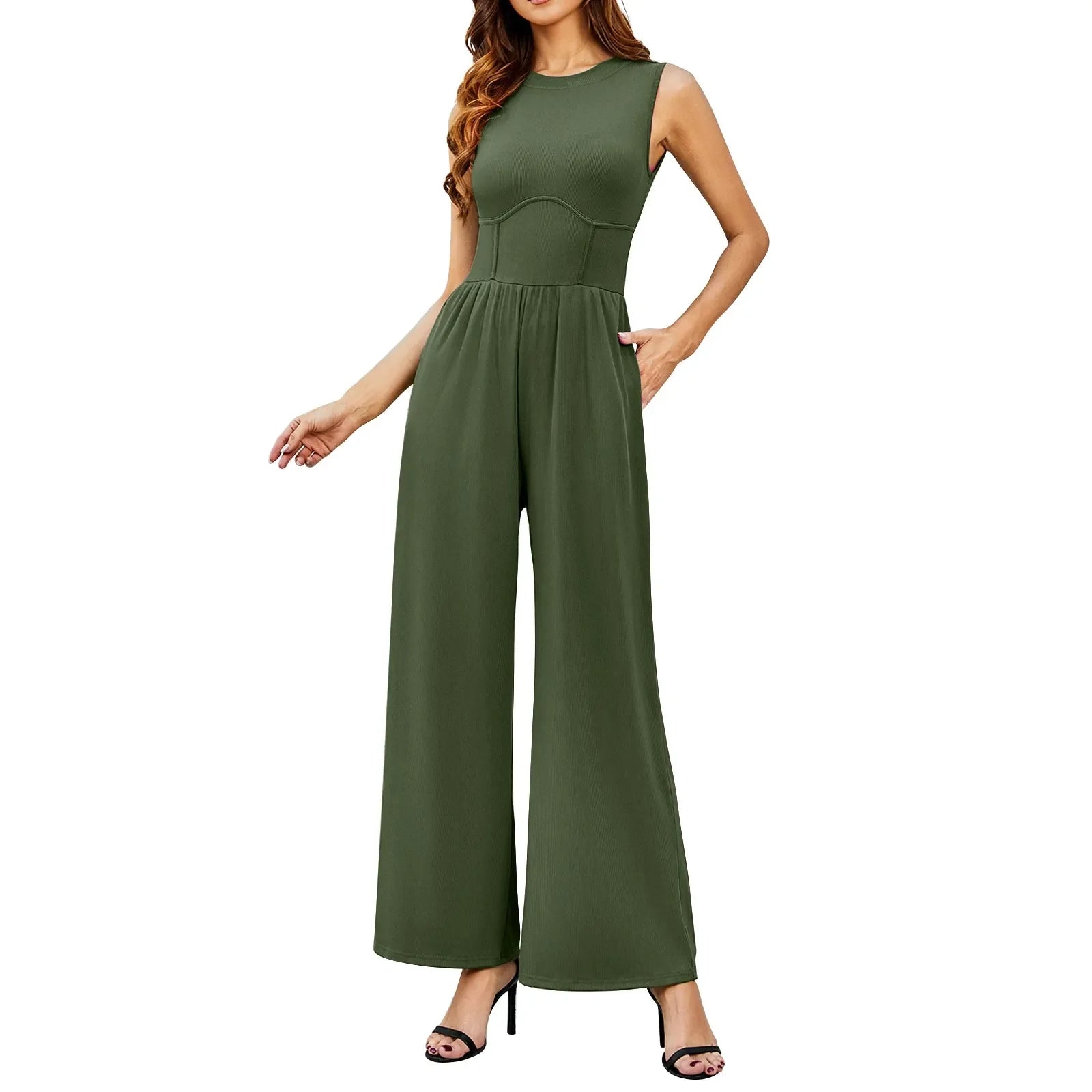 Women Sleeveless High Neck Ribbed Tank Top Jumpsuit Wide Leg Pants Romper with Tummy Control and High Waist Casual Summer Outfit